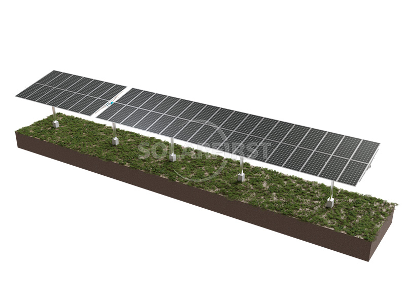 Full-scale Horizon D+ solar tracker with multi-point drive on uneven terrain, supporting 120 modules